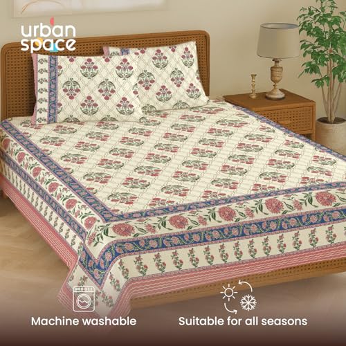 Image of Urban Space 100% Cotton Handcrafted Premium Printed Double Size Bedsheet with 2 Pillow Covers, 240 TC Cotton Double Bedsheet (90 x 100 Inches, Amberjaal Pink)