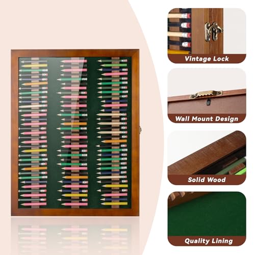 Image of Golf Pencil Display Case Holds 99 Round or Octagonal Golf Pencils Wood Wall Mount Clear Display Case with Acrylic Dust UV Cover