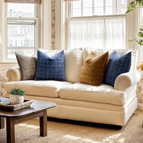 Image of MIULEE Navy Blue Plaid Decorative Throw Pillow Covers 22x22 Set of 2 | Vintage Check Chenille Couch Pillows Neutral Boho Farmhouse Cushion Covers Modern Home Decor for Sofa Bed Living Room