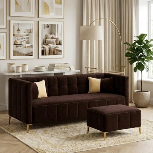 Image of SOCOZI Stylluxe 4 Seater L Shape Sofa Set with Movable Ottoman | Flexible Left or Right Layout | Soft Velvet Suede Fabric | Modern Design | Plush Comfort Cushions for Living Room (Dark Brown)