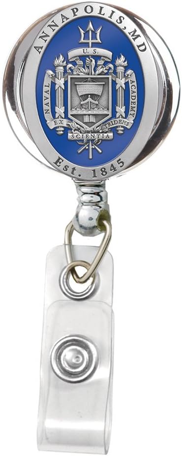 BOOJEE BEADS Retractable Badge Holder 30" Small Pewter Badge Reels Retractable with Heavy Duty Belt Clip Cute Badge Reel to Show Off Your Military Spirit (U.S. Naval Academy-Crest)