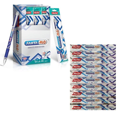 Image of Fantaflo 10 Blue Ball Pens+10 Refills Blue Ink Pack of 20 | 1mm Tip | Waterproof Ink | Fanta flo Dotted Grip for Comfortable Writing | Smooth Writing Ball Pens for Students and Home Office Use
