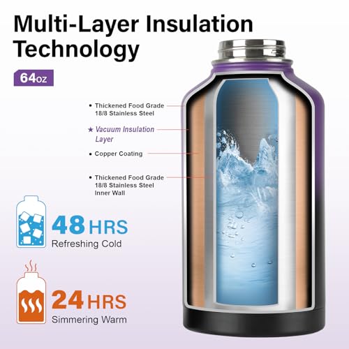 Insulated Water Bottle | Thickened Stainless Steel Vacuum Metal | Portable Sports Half Gallon Large Water Jug for Gym and Hiking with Straw, Carrier Bag, Handle Strap | BPA-Free 64 oz