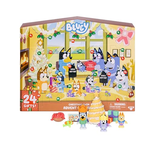 Image of Bluey Mini Figures Christmas Swim Advent Calendar, 24-Day Christmas Calendar Countdown with 3 Festive Stickers, Advent Calendars for Ages 3+