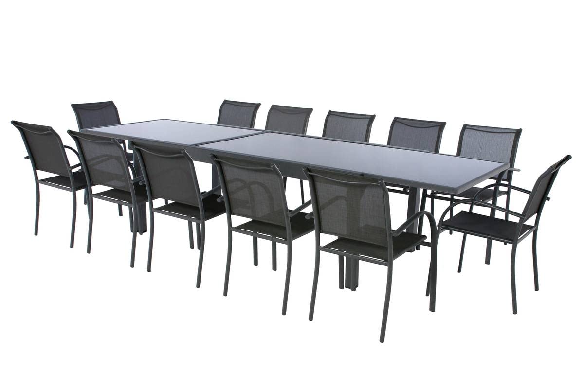 Hespéride - Tavolo da giardino allungabile Piazza, grigio grafite - 12 posti - Alluminio antiruggine, vetro temperato - Mobili da esterno con prolunga scorrevole