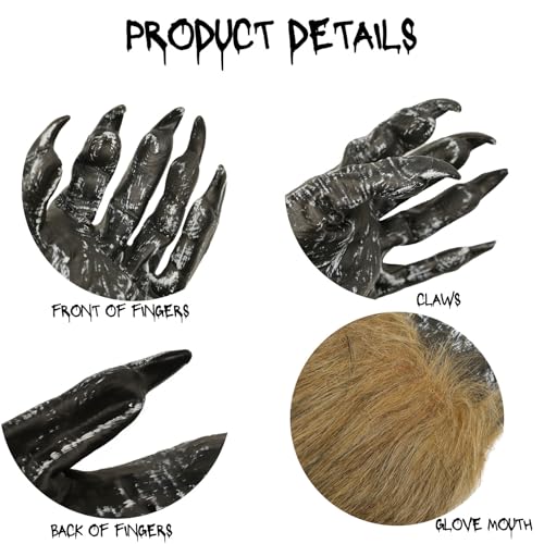 Halloween Werewolf Gloves, Hairy Furry Claws Costume Accessory, Scary Wolf Hand Gloves for Adults Unisex, Cosplay Party