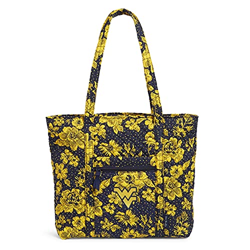 Vera Bradley Collegiate Vera Tote Bag (Multiple Teams Available), West Virginia University Navy/Gold Rain Garden-Recycled Cotton