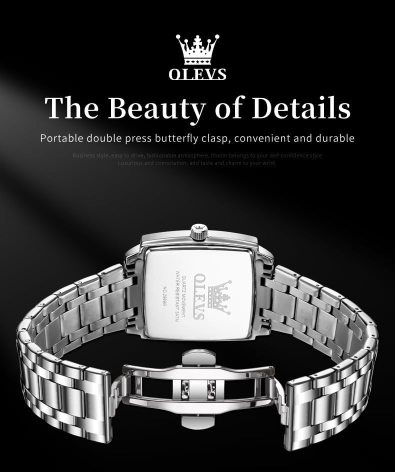 OLEVS Mens Tank Watch Minimalist Diamond Watch Fashion Dress Analog Quartz Mens Watches Rectangular Waterproof Stainless Steel Luminous with Date Watches for Men(Silver/Rose Gold) - Image 8