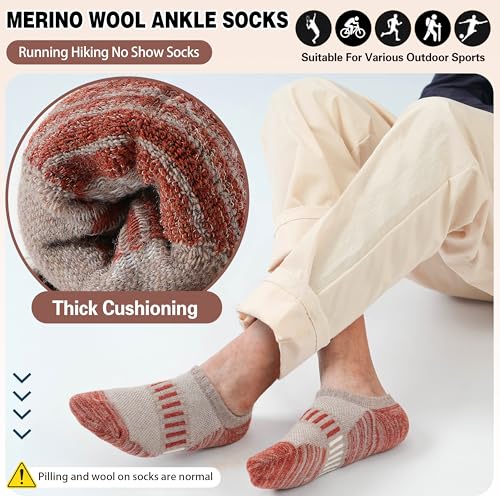 Image of Merino Wool Ankle Athletic Running No Show Socks Cushioned Breathable Sports Warm Thick Socks for Men and Women 6 Pairs
