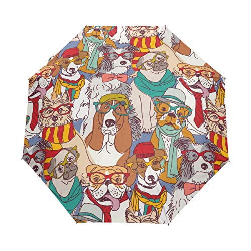 Preisvergleich Produktbild Faltbarer Reise-Regenschirm, niedlicher Cartoon-Hund, Kunst, Sonnenschutz, winddicht, regendicht, tragbar, automatischer Sonnenschirm