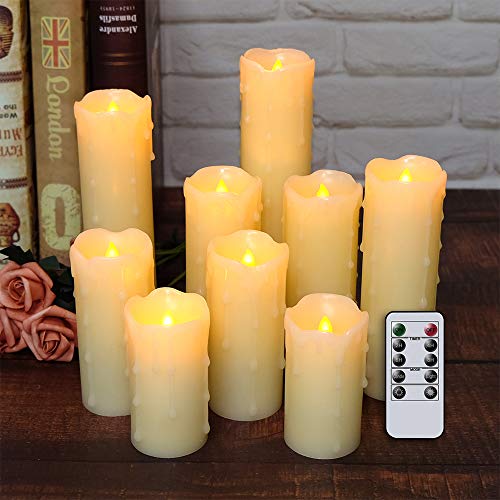 DRomance Flameless Flickering Candles Battery Operated with Remote and Timer, Set of 9 Dripping Real Wax Warm Light LED Pillar Candles for Holiday, Christmas Decoration(Ivory, 2.2