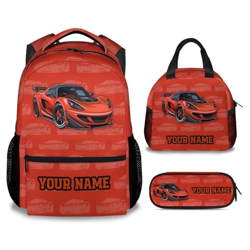 Kids Backpack with Lunch Box, 3 in 1 Custom Cute Car Bookbag for Elementary Middle, 17 Inch Racing Car School Bag Set for School Travel