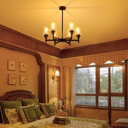 ASIRIVEN Lustre de fazenda preto, lustre de roda de vagão de 6 luzes com altura ajustável, luminária