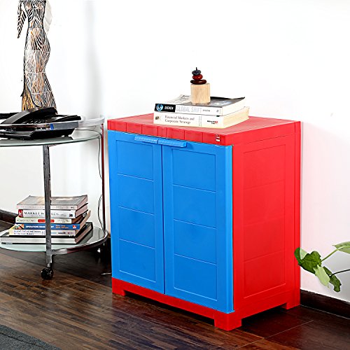 Image of Cello Novelty Compact Bookshelf, Red & Blue | 2 Dustproof Doors | Space Saving Cupboard | Plastic Book Shelf | Multipurpose Book Shelf for Home, Office | Book Organizer for Library