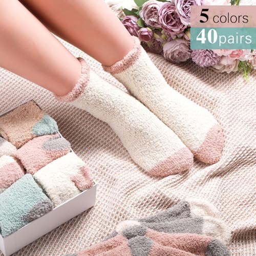 Foaincore 40 Pairs Fuzzy Socks Bulk for Gift 5 Warm Color Cozy Fluffy Women Socks Warm Furry Socks Winter Colorful Fuzzy Socks Pack for Gifts Women Christmas4