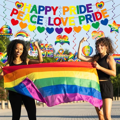 Image of Pride Decorations, Rainbow Lgbtq Decorations includes Happy Pride Banner and Rainbow Lesbian Gay Hanging Swirls for Pride Month Day Lgbtq Party