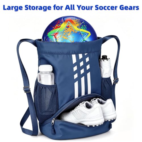 Image of Soccer Bag, Youth Soccer Basketball Bag with Compartments Drawstring Backpack for Football Volleyball Gym Training (Blue)