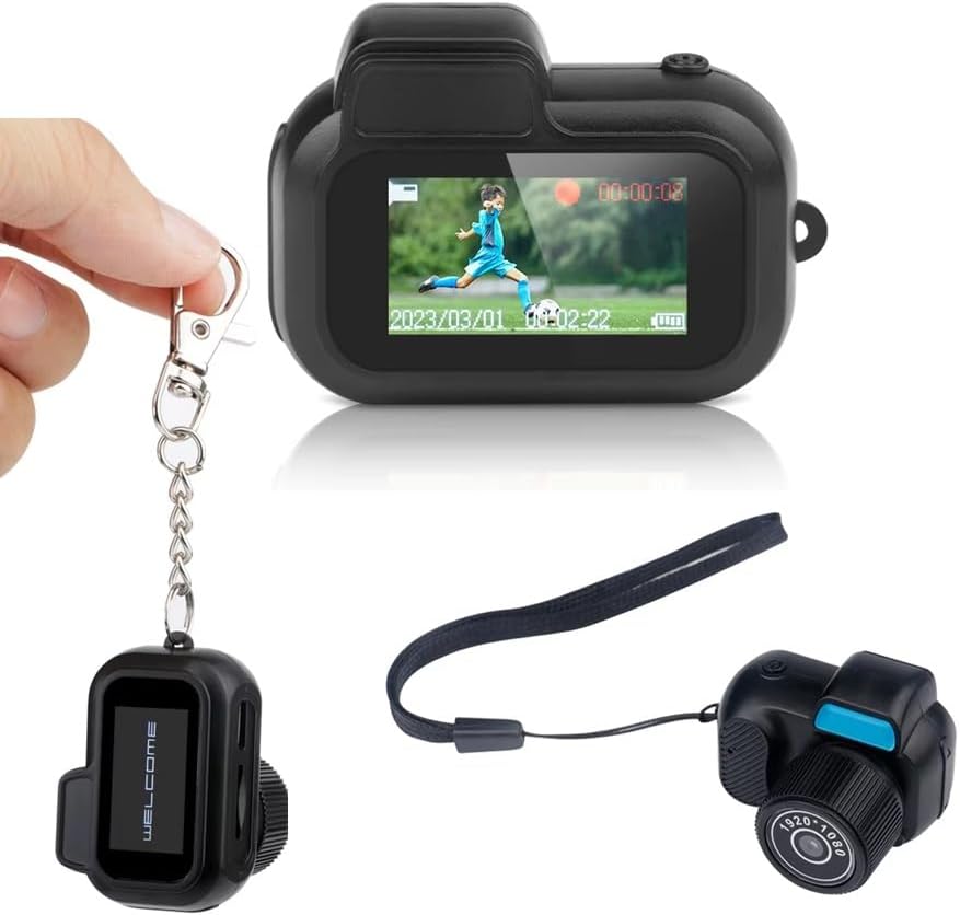 Omana Mini Digital Camera Keychain displaying a video recording on its LCD screen