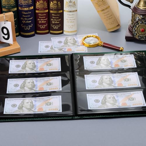 Fippy 60 Stück banknoten Album geldschein Album， Leder Papiergeld Sammelalbum Aufbewahrung Album für Banknoten Rechnungsstempel Aufbewahrung Display (Grün)