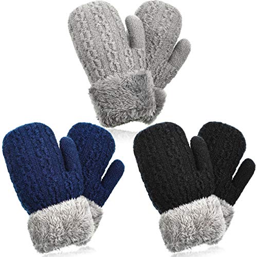 3 Pairs Kids Boy Girl Warm Winter Fleece Lined Mittens Knit Gloves with String (Black, Blue, Light Gray)