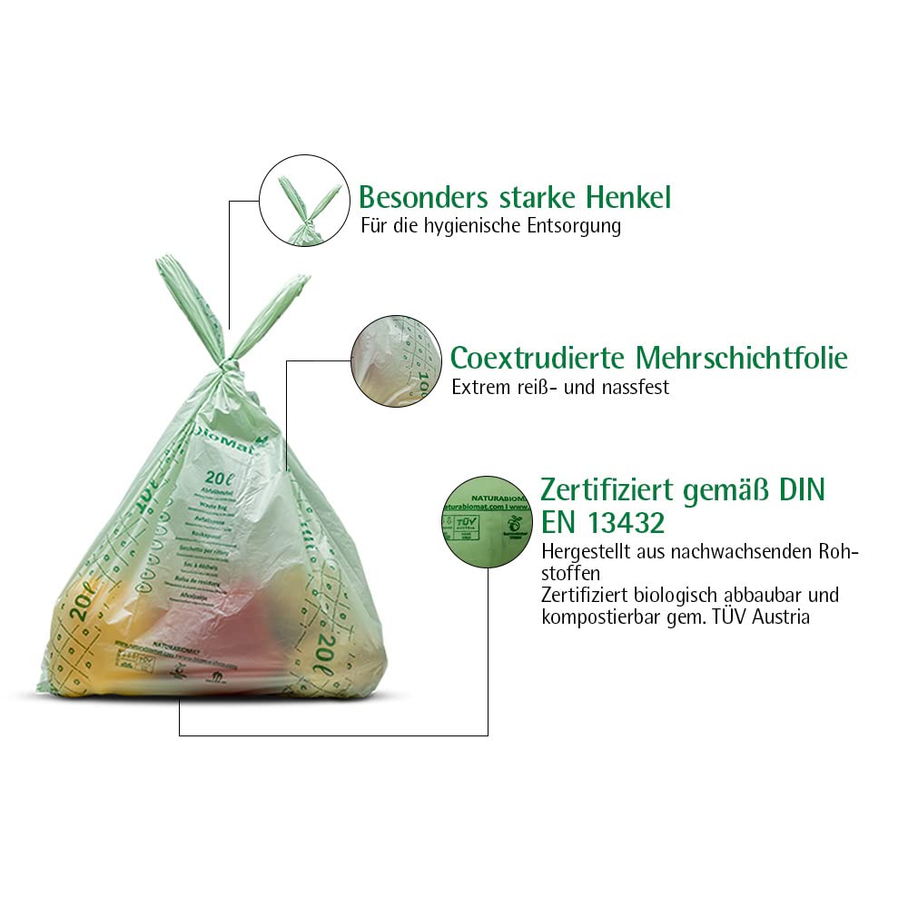 bioMat Kompostierbare 20l Biomüllbeutel mit Tragegriff, 130 Tüten, Premium-Qualität, DINplus Zertifiziert, Klimaneutral, Made in Germany