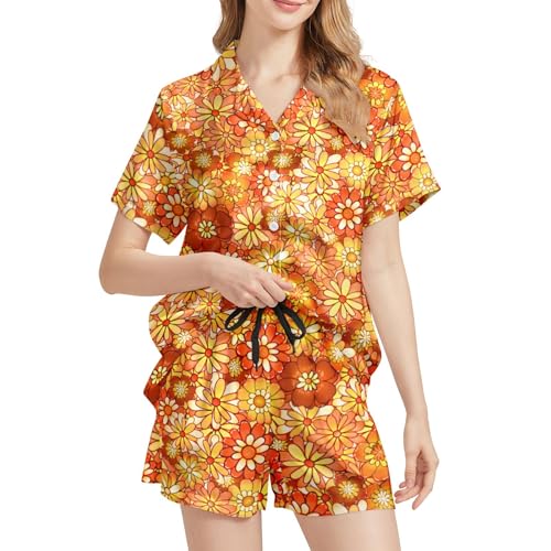 Image of Silk Satin Pajama Set for Women Summer Lounge Pjs Sets 2 Piece Suit Ladies Button Down Tops And Shorts Sleepwear