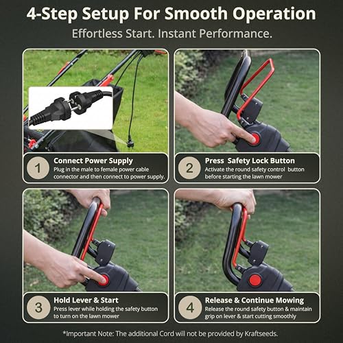 Image of Kraft Seeds 1600W Electric Lawn Mower with 16 Inch Blade (Steel Body) | Grass Cutting Machine with 50L Grass Catcher Box & Adjustable Height (7-Settings, 25mm to 80mm) for Garden, Yard, and Farm (Red)