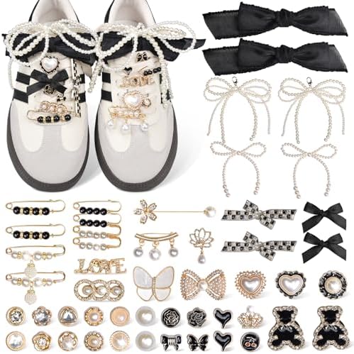 yuboo 51 PCS Shoe Charm for Sneakers, Junk Socks Charms Kit, Shoelace Charms Contain Pearl, Clips, Black Bows, Jewelry, Shoe Decoration Charms for Women Bag/Hat