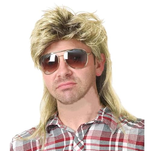 Image of Swiking Mens Mullet Wig Blonde and Dark Foot Retro 70s 80s Disco Rocker Curly Punk Fancy Party Halloween Cosplay Costume Full Wigs (Black and Blonde)