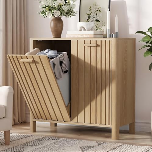Double Tilt-Out Laundry Hamper Cabinet - 11.8 Gallon Gradien Fluted Hidden Trash Cabinets with 2 Baskets for Bathroom, Kitchen & Living Room, Freestanding Storage Unit (Natural Oak)