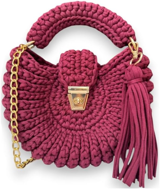 Handmade Boho Crochet Crossbody Bag – Upcycled T-Shirt Yarn Design with Tassel & Chain – Eco-Friendly and Chic – Perfect for Parties, Casual Outings, Weddings, Summer Beach and Gifting