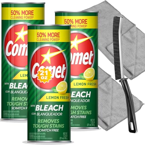 Cleaning Bundle: Comet Lemon Fresh Powder Cleanser with Bleach 21 oz Bottles 3 Pack + 2 Microfiber Cloths + 1 Narrow Brush