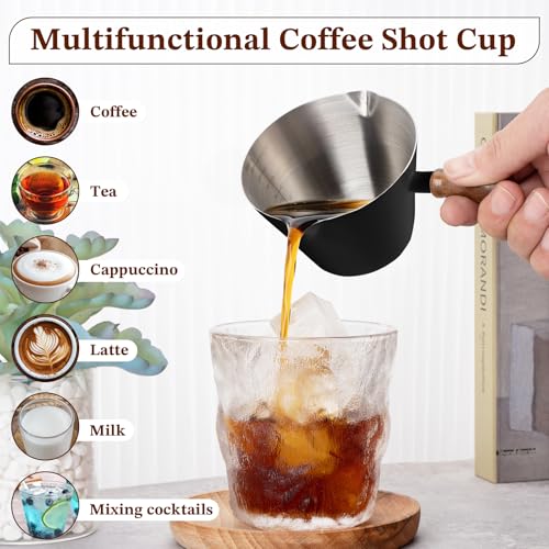 Image of Amrules 6.8oz Espresso Measuring Cup with Wood Handle & Double Spout, Black