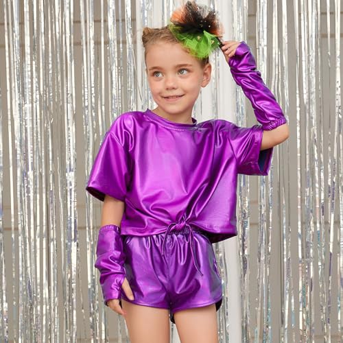 Image of Perfashion Girls Metallic Shirts Shiny Tie Front Knot Crop Top with Arm Sleeves for Dancing Raves Festivals 4-15 Years