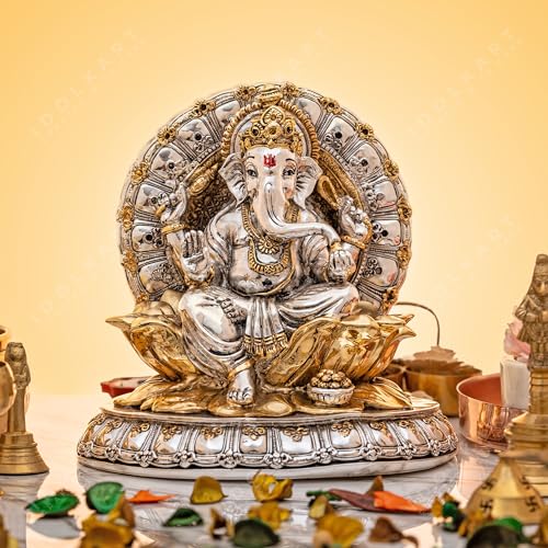 Image of Idolkart 24k Gold and 999 Silver Coated Ganeshji Divine Boxes | Photo with Charan Paduka for Pooja Room (Antique Gold and Silver, 8 Inch)