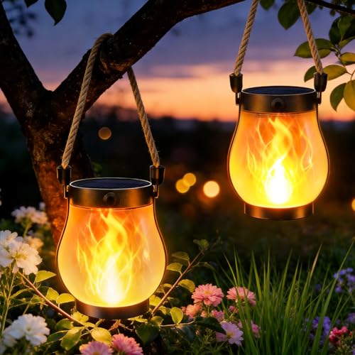 Lot de 2 lanternes solaires d'extérieur étanches à suspendre à flamme vacillante, double charge USB et solaire pour jardin, terrasse, cour, décoration
