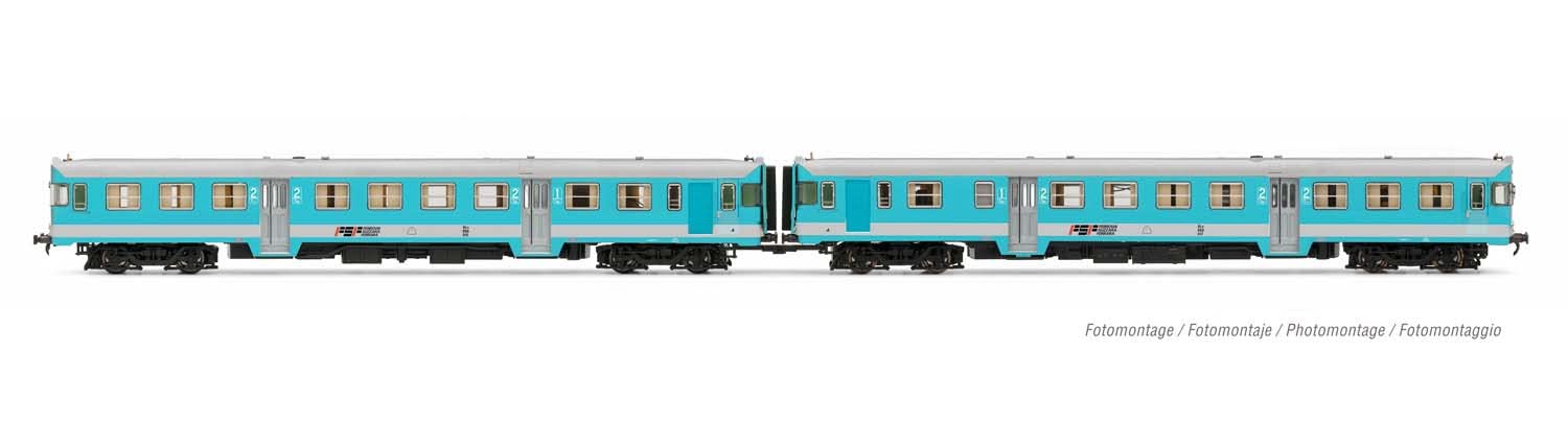 FSF, confezione da 2 unità di automotrici diesel ALn 668 "Freccia Orobica" in livrea azzurro e grigio, unità motorizzata + dummy, non motorizzata, epoca IV