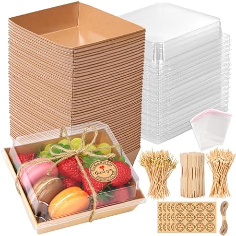 Sublaga 50 Pack Small Charcuterie Boxes + 300Pcs Bamboo Skewers, To Go Paper Mini Charcuterie Box, Disposable Food Containers, Dessert Boxes for Sandwich, Cookie, Sushi, Cake Slice, Strawberries Cover