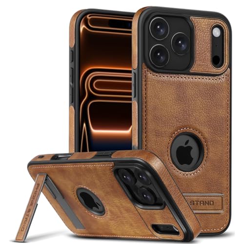 AIOVETEAB Funda para iPhone 17 Pro MAX con Soporte de Metal, Slim Premium PU Cuero Retro Business Antiarañazos Anti-Choques Case Funda de Piel Protectora para iPhone 17 Pro MAX,Marrón