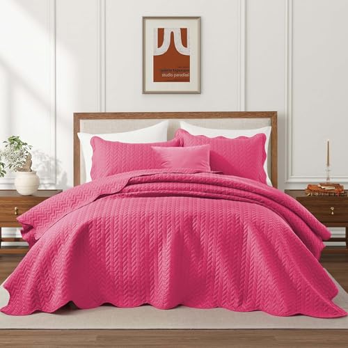 IR Imperial Rooms Twin Quilt Bedding Set Size (66” x 86”) + 1 Pillow Shams (20” x 26” + 2”) - 2 Pcs All Season Lightweight Reversible Microfiber Coverlet Embossed Quilt Bedspread (Pink)