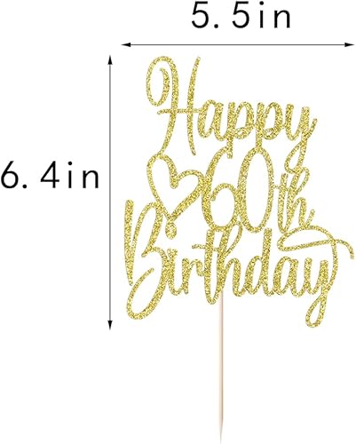 Miniatura 2 de FLORCMET - Decoración para pastel de cumpleaños 60 años con purpurina dorada, decoración para tartas de 60 años, decoración de pastel de 60 años