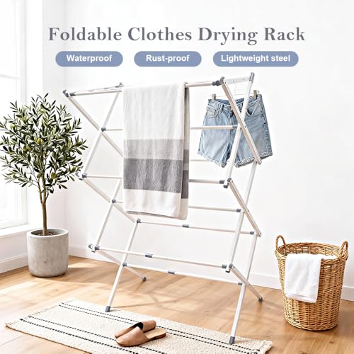 Bobikuke Klappbarer Wäscheständer mit 4 Kleiderbügel, ausziehbar Wäscheständer 3 Ebenen für drinnen und draußen, 73 x 35.5 x 105 cm - Weiß