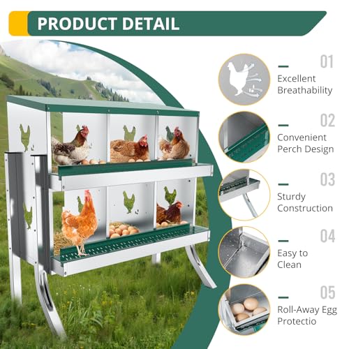 POWLAB 6 Compartment Chicken Nesting Box with Elevated Metal Legs - Durable Roll Away Egg Collection, Perch, Secure Lid - Versatile Wall Mount or Free Standing for Chickens, Hens, Ducks