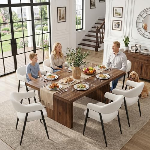 Image of HNY Modern Dining Room Arm Chairs Set of 6, Faux Sherpa Boucle Upholstered Barrel Dining Chairs with Arms Mid-Century White Accent Chair with Metal Legs, Open-Back Kitchen Side Chair for Living Room
