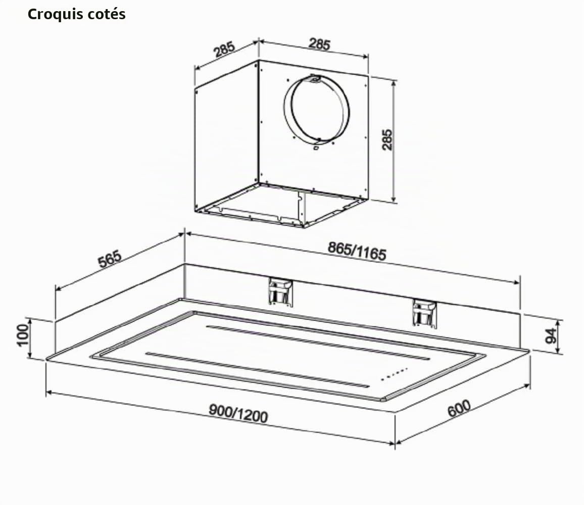 Gurari Hotte aspirante de plafond, 120 cm, GCH C 341 Prime, moteur d'aspiration à recirculation, 1000 m³/h, en verre, noir, avec télécommande, classe d'efficacité énergétique A