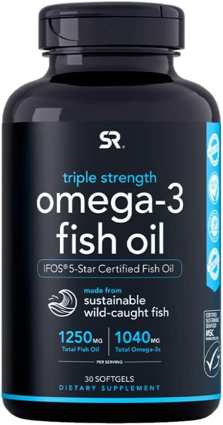 Sports Research® Omega-3 Fish Oil 1250 - Triple Strength Fish Oil Supplement from Wild Alaska Pollock - MSC Certified Sustainable · Non-GMO · Soy Free - 30 Softgel Capsules