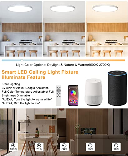 Ceiling Light LED Dimmable Flush Mount Flat RGB Smart Alexa Google Home WiFi with Remote Control for Living Room Bedroom Dinning Kitchen Hallway Bathroom 12Inch 24W White - Image 3