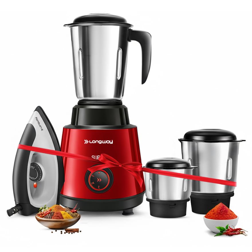 Image of Longway Super Pro Mixer Grinder with Kwid 1100W Dry Iron | Up to 700 Watt Powerful Motor | 2 Years Warranty (Red Wine & Black, 3 Jars Combo)
