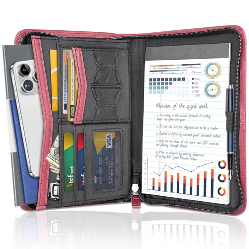 DAKX Padfolio para mujer, cartera de negocios con cremallera, carpeta de cuero de 5.3 x 8 pulgadas, bloc de escritura, color rojo