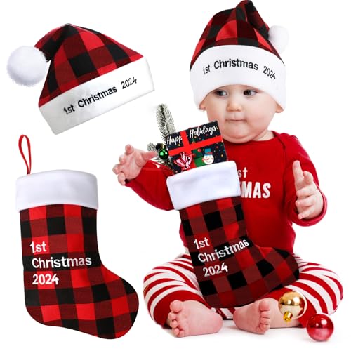 Image of HooLing 2 Pcs 2025 Baby First Christmas Stocking Hat 1st Xmas Stocking My First Christmas Santa Hat for Infant Baby(Red Black,Classic)